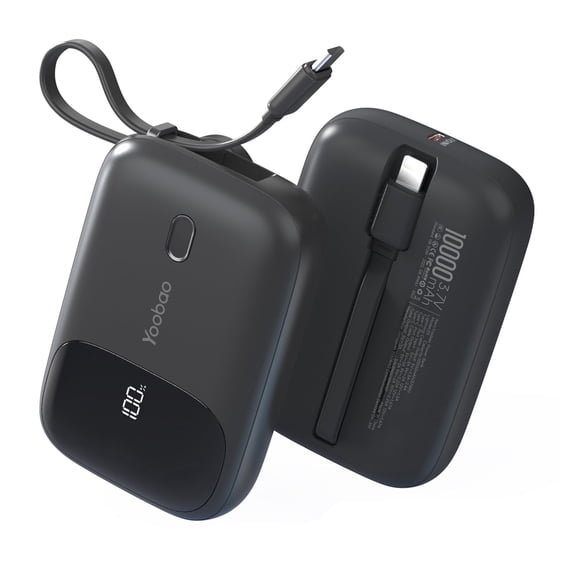 Yoobao Mini Power Bank PD20W Fast Charging with LED Display, 10000mAh Portable Charger with Built-in Cables, 3 Outputs 1 Input Battery Pack Compatible with iPhone 16 15 Samsung iPad, Black