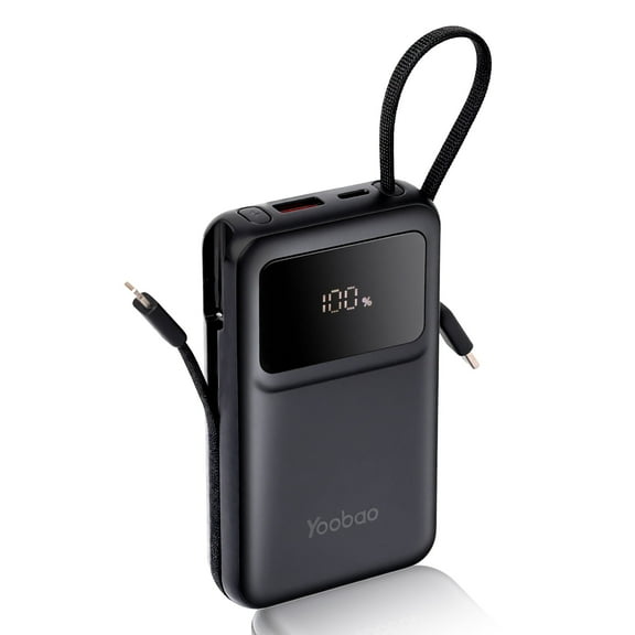 Yoobao Mini Power Bank PD20W Fast Charging with LED Display, 10000mAh USB-C in&Out Portable Charger with Built-in 2 Cables, 4 Outputs Travel Battery Pack for iPhone 16 15 Samsung iPad, Black
