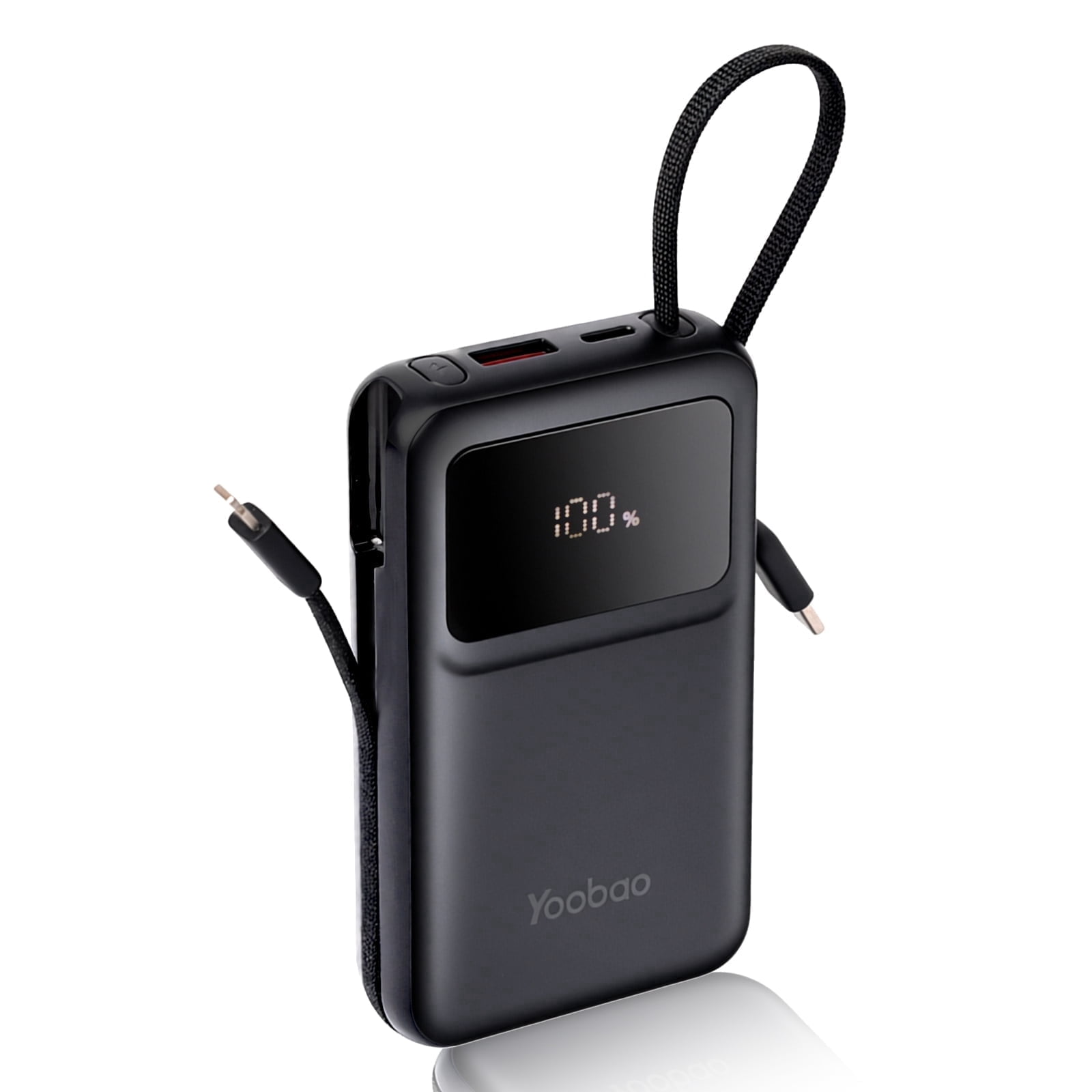 Yoobao Mini Power Bank PD20W Fast Charging with LED Display, 10000mAh USB-C in&Out Portable Charger with Built-in 2 Cables, 4 Outputs Travel Battery Pack for iPhone 16 15 Samsung iPad, Black
