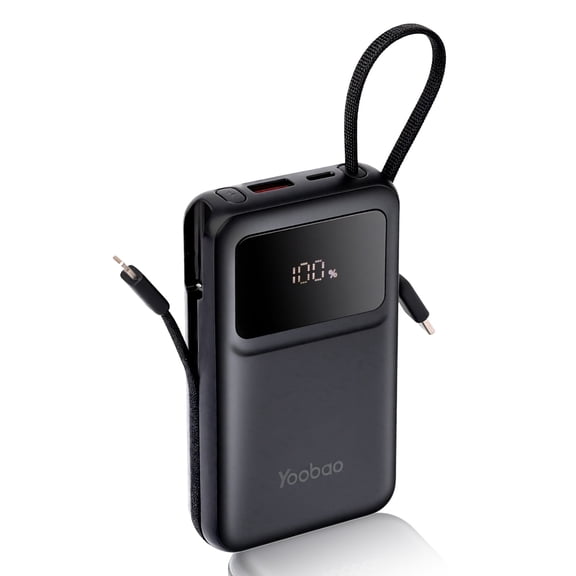 Yoobao Mini Power Bank PD20W Fast Charging with LED Display, 10000mAh USB-C in&Out Portable Charger with Built-in 2 Cables, 4 Outputs Travel Battery Pack for iPhone 16 15 Samsung iPad, Black