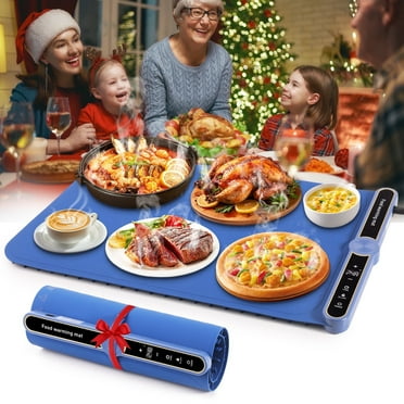 Yoobao 23"x15" Electric Silicone Warming Mat for Food with 9 Temp & 6 Timer, Portable Rollable Food Warming Tray Mat for Parties Home Travel, 330W Food Warmer with Display & Child Lock, Blue