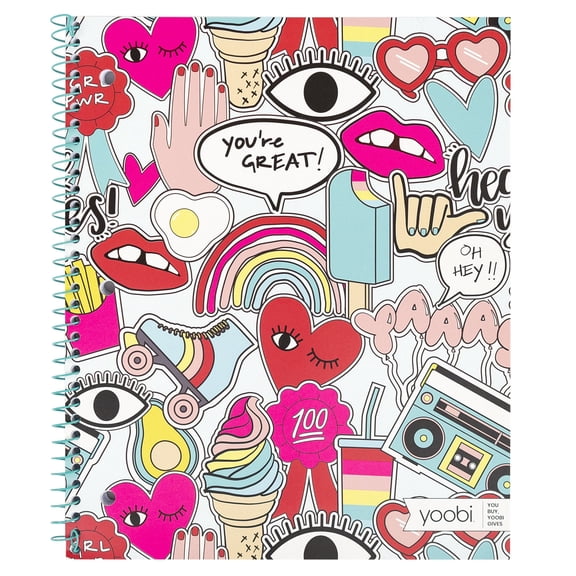 Yoobi, Notebook, 1 Subject, Spiral, Paper Cover, 9" X 11", College Ruled, 100 sheets - Jumbo Multicolor Doodle