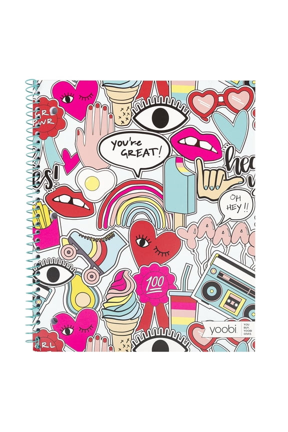 , Notebook, 1 Subject, Spiral, Paper Cover, 9" X 11", College Ruled, 100 sheets - Jumbo Multicolor Doodle