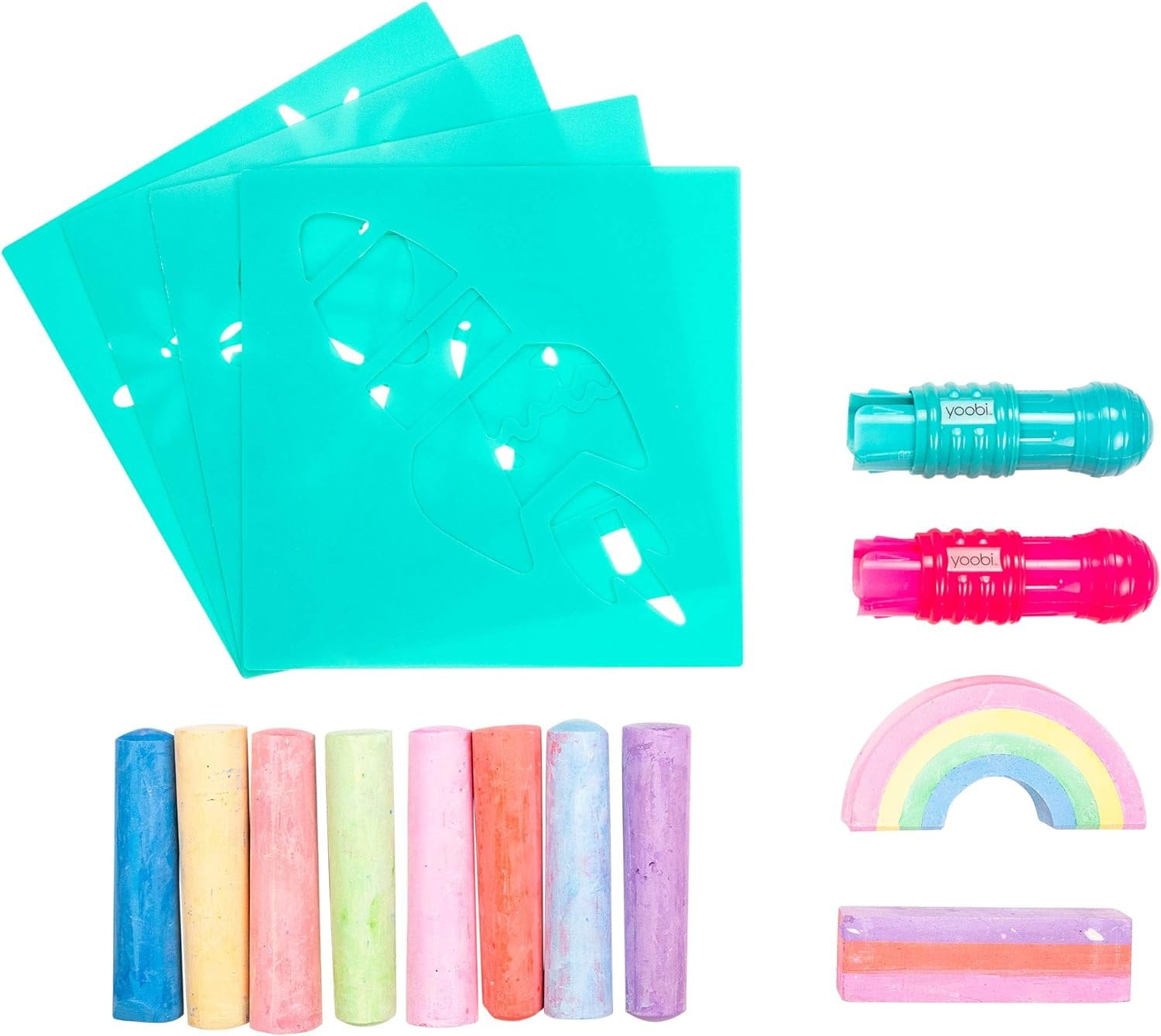 Yoobi Rainbow Sidewalk Chalk and Stencil Set 16 Piece Includes 2 Chalk