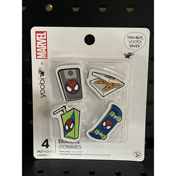 Yoobi x Marvel Spider-Man pizza, skateboard, phone, juice box Erasers NEW