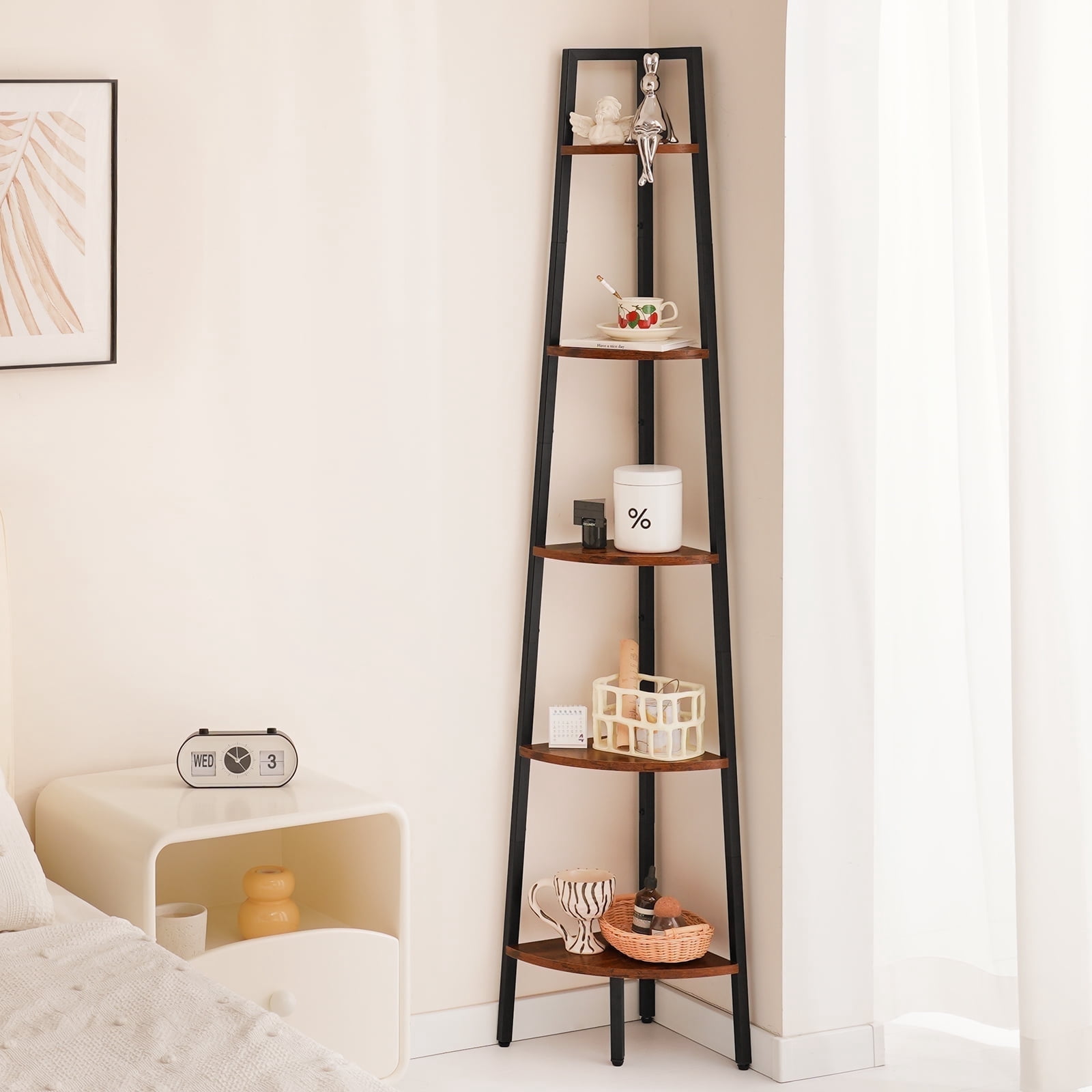 Yoobure 5 Tier Ladder Corner Bookcases, Wood Brown