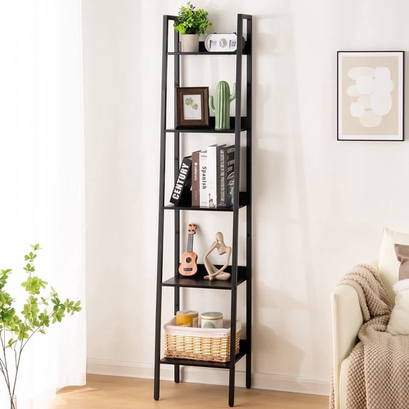 5-Tier Ladder Shelf, Corner Bookshelf for Living Room, Balcony, Home Office, Bookcase Storage & Display Shelf, Black