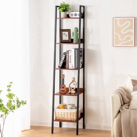 5-Tier Ladder Shelf, Corner Bookshelf for Living Room, Balcony, Home Office, Bookcase Storage & Display Shelf, Rustic Brown