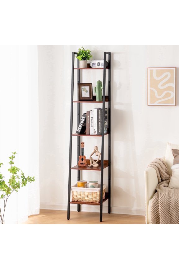 5-Tier Ladder Shelf, Corner Bookshelf for Living Room, Balcony, Home Office, Bookcase Storage & Display Shelf, Rustic Brown