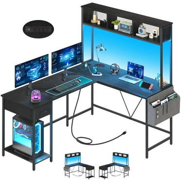Yoobure 55 inch L Shaped Desk with Power Outlet and LED lights，Corner Gaming Desk with Storage Shelf，Computer Desk L shape for Home Office, Black