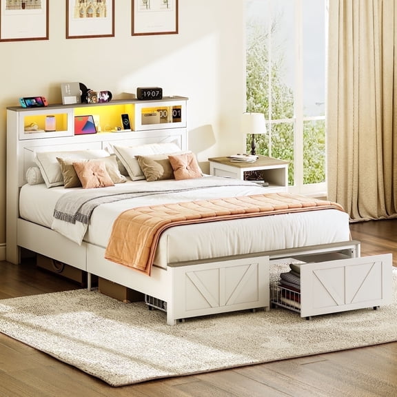 Full Size Bed Frame with Headboard, Full Bed Frame with Charging Station, LED Beds with 2 Storage Drawers, Wood Farmhouse Bedframe, White