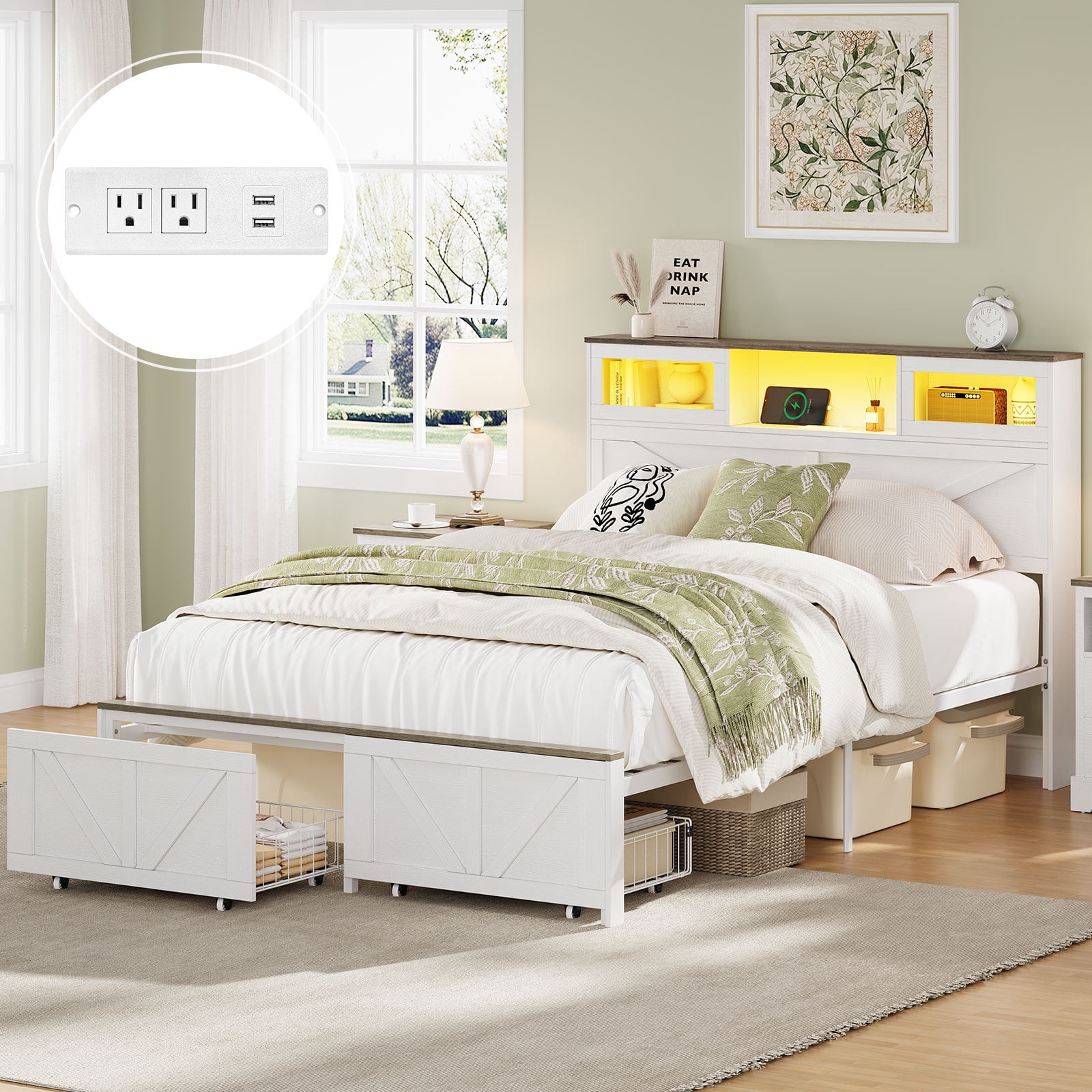 Full Size Bed Frame with LED Headboard & Storage Drawers, Platform Bed Frame Full with Charging Station, White