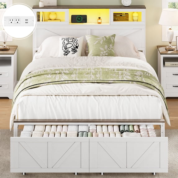 Full Size Bed Frame with Headboard, Full Bed Frame with Charging Station, LED Beds with 2 Storage Drawers, Wood Farmhouse Bedframe, White