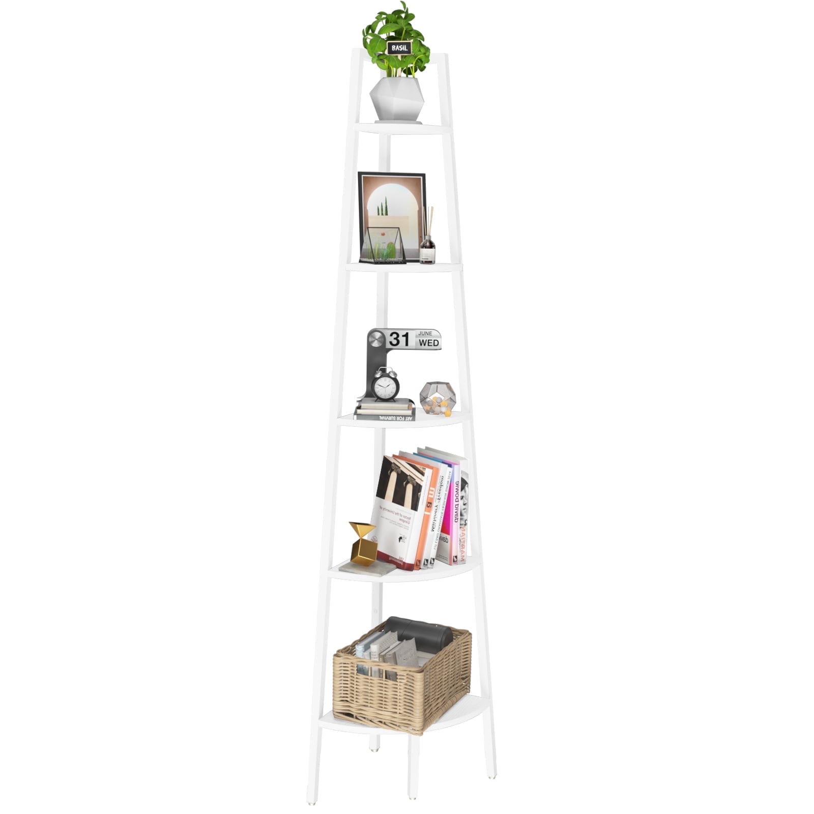 Yoobure Corner Shelf, 5-Tier Corner Bookshelf with Metal Frame, Ladder Corner Shelves Display Shelf for Bedroom Living Room, Tall Corner Bookcase Corner Plant Stand