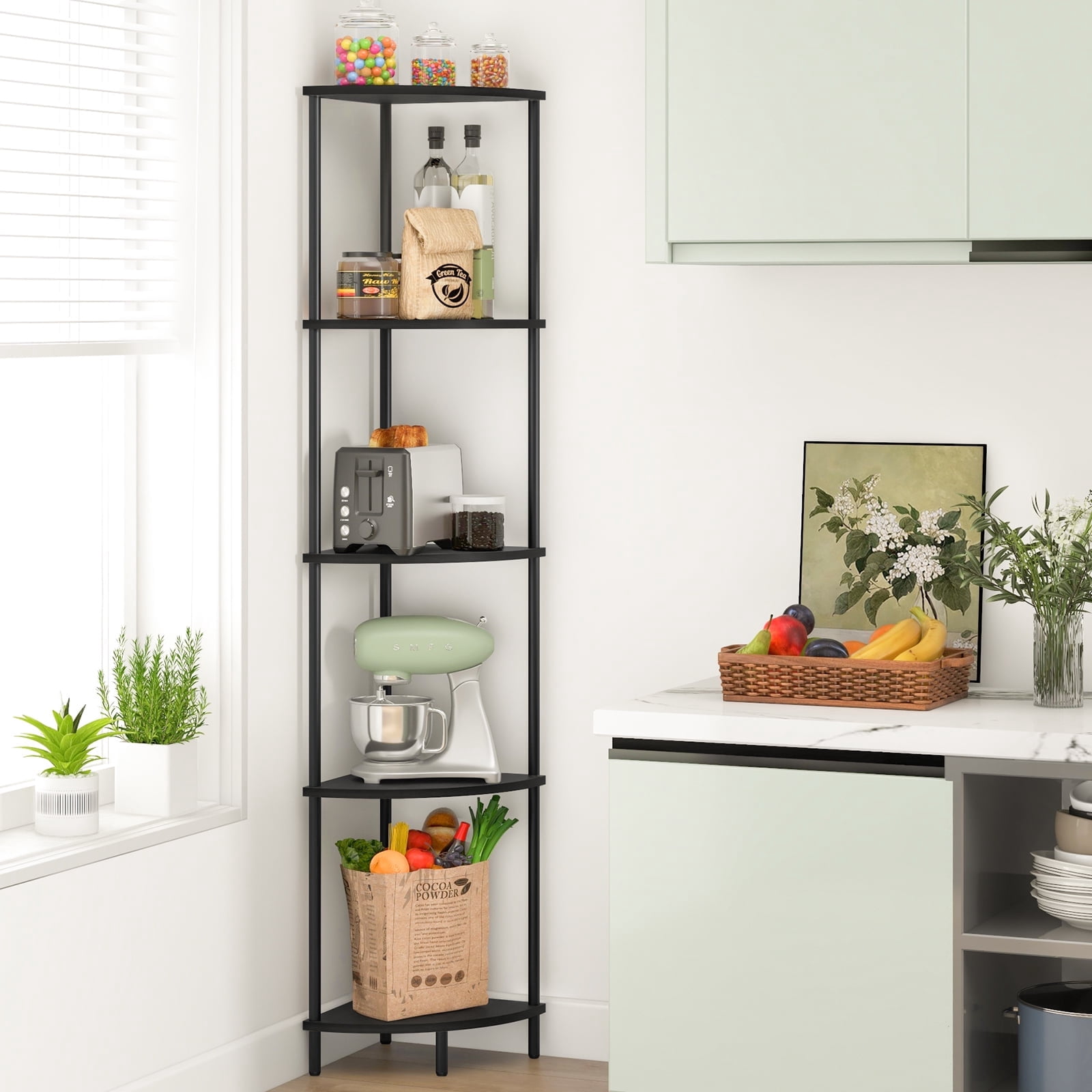 Yoobure Corner Shelf Stand, 5-Tier Corner Shelves, 65" Wall Corner Bookshelf, Display Shelf Tall Shelf Plant Stand for Bedroom, Bathroom, Living Room, Black