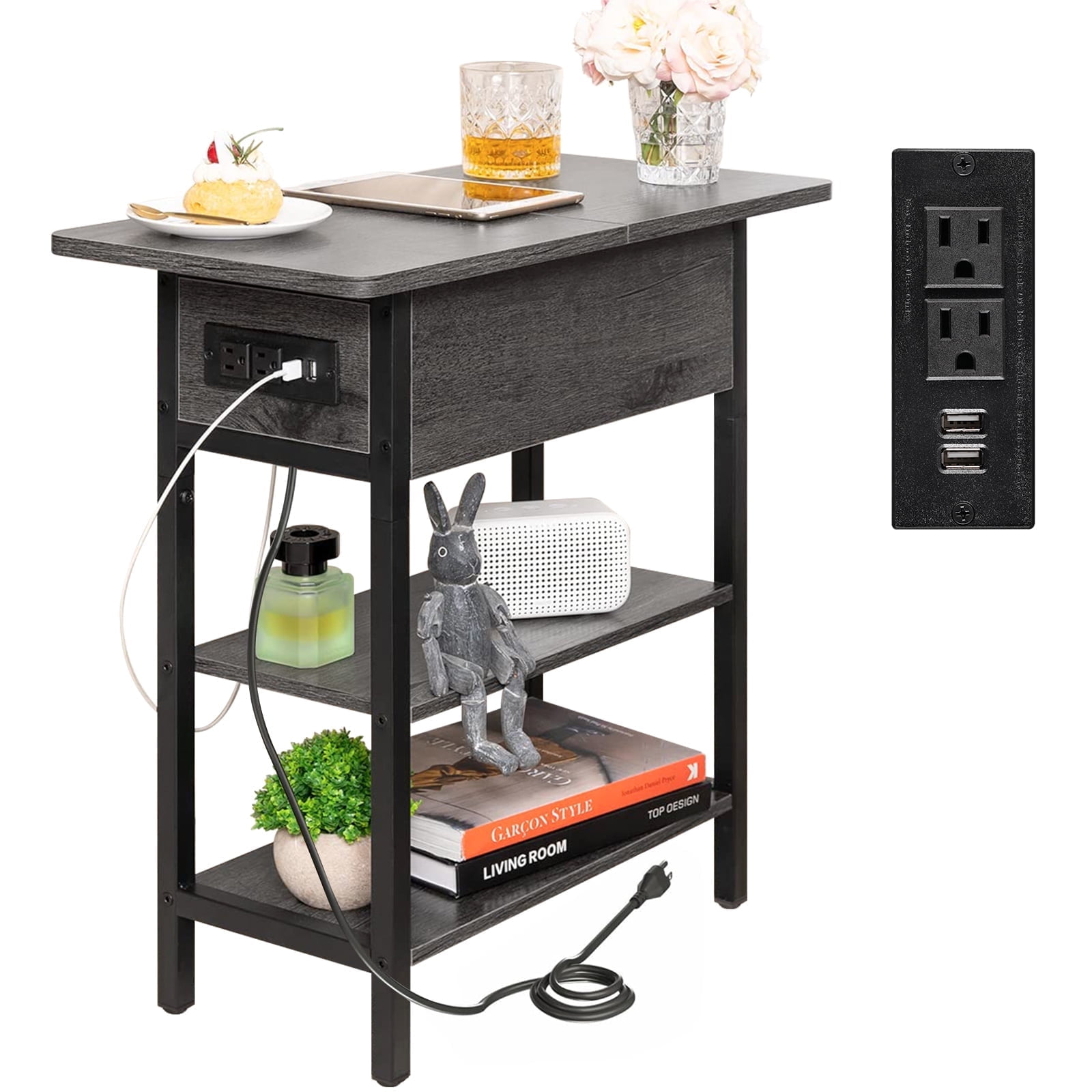 End Table with Charging Station, Flip Top Side Table with USB Ports and Outlets,Small Table Bedside Tables with Storage Shelf for Living Room, Bedroom