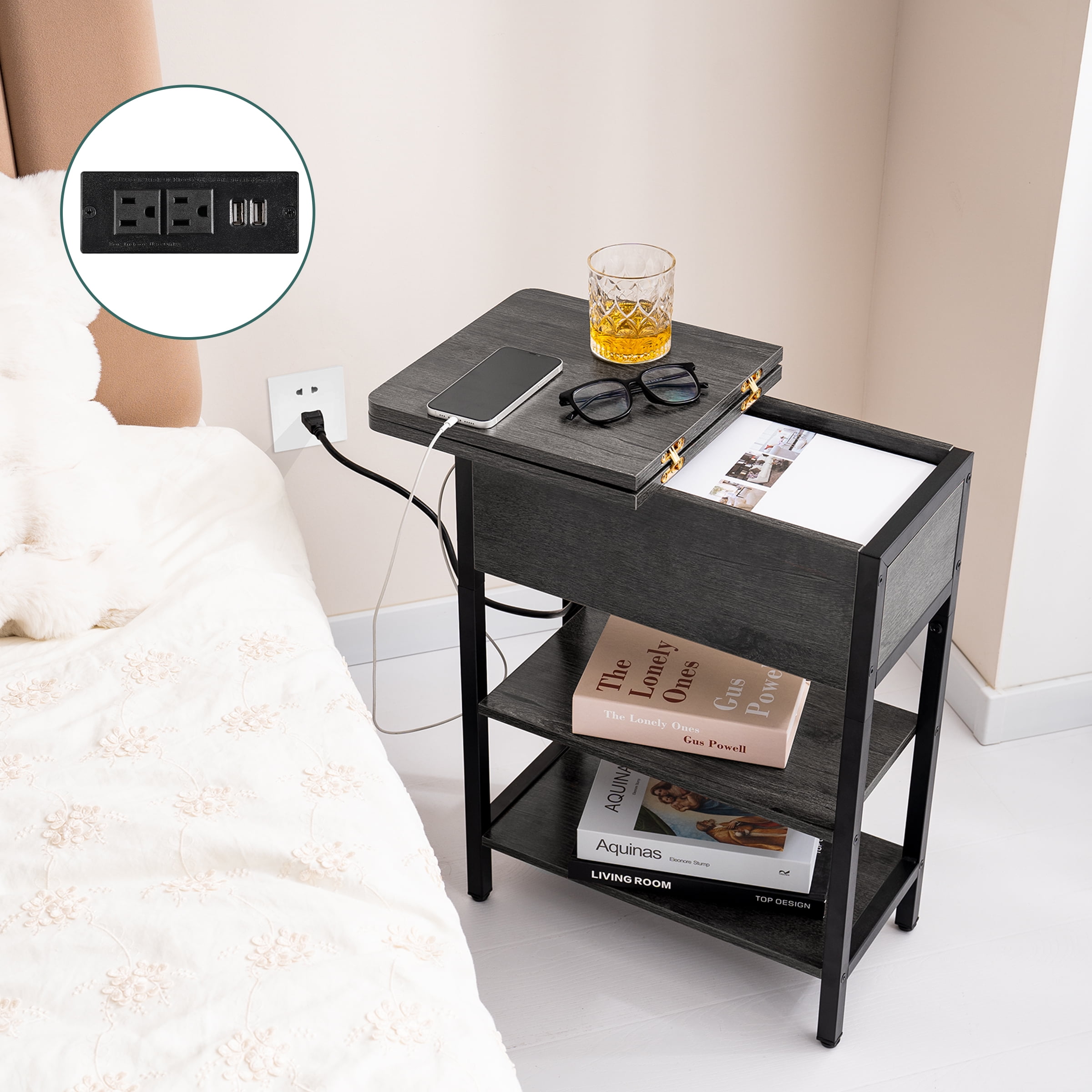 Yoobure End Table with Charging Station, Flip Top Side Table with USB