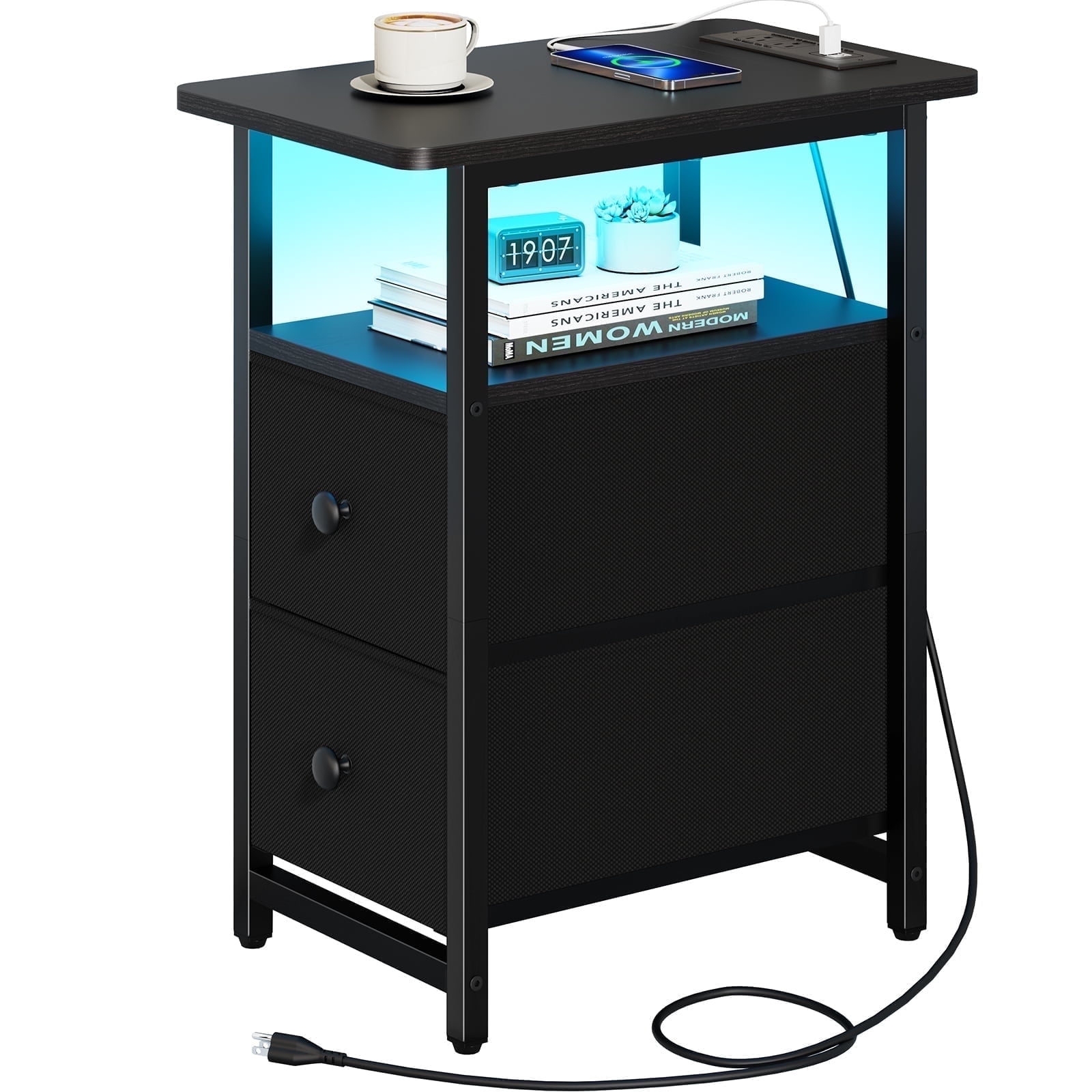 Black Metal and Fabric 3-Drawer Nightstand with LED Lighting
