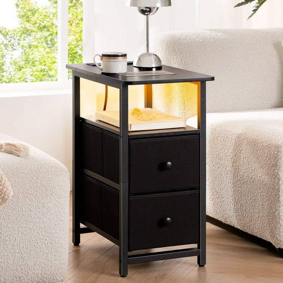 Yoobure End Table with Charging Station, Narrow Side Table LED Small Night Stand with Fabric Drawers, Bedside Table Living Room, Side Tables Bedroom for Small Spaces,Black