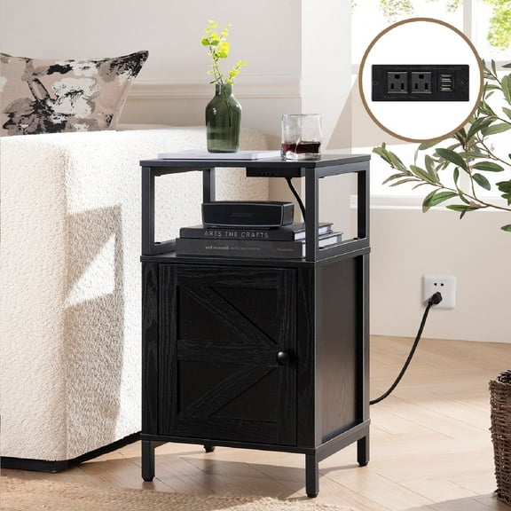 Farmhouse Wood NightStand with Charging Station & Adjustable LED,End Table with Storage Cabinet and Shelf, Bed Side Table with Barn Door for Bedroom Living Room ,Black