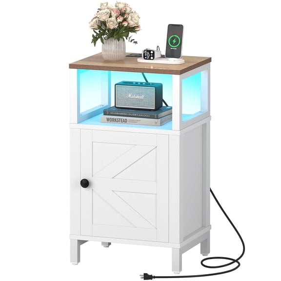 Farmhouse Wood NightStand with Charging Station & Adjustable LED,End Table with Storage Cabinet and Shelf, Bed Side Table with Barn Door for Bedroom Living Room, White