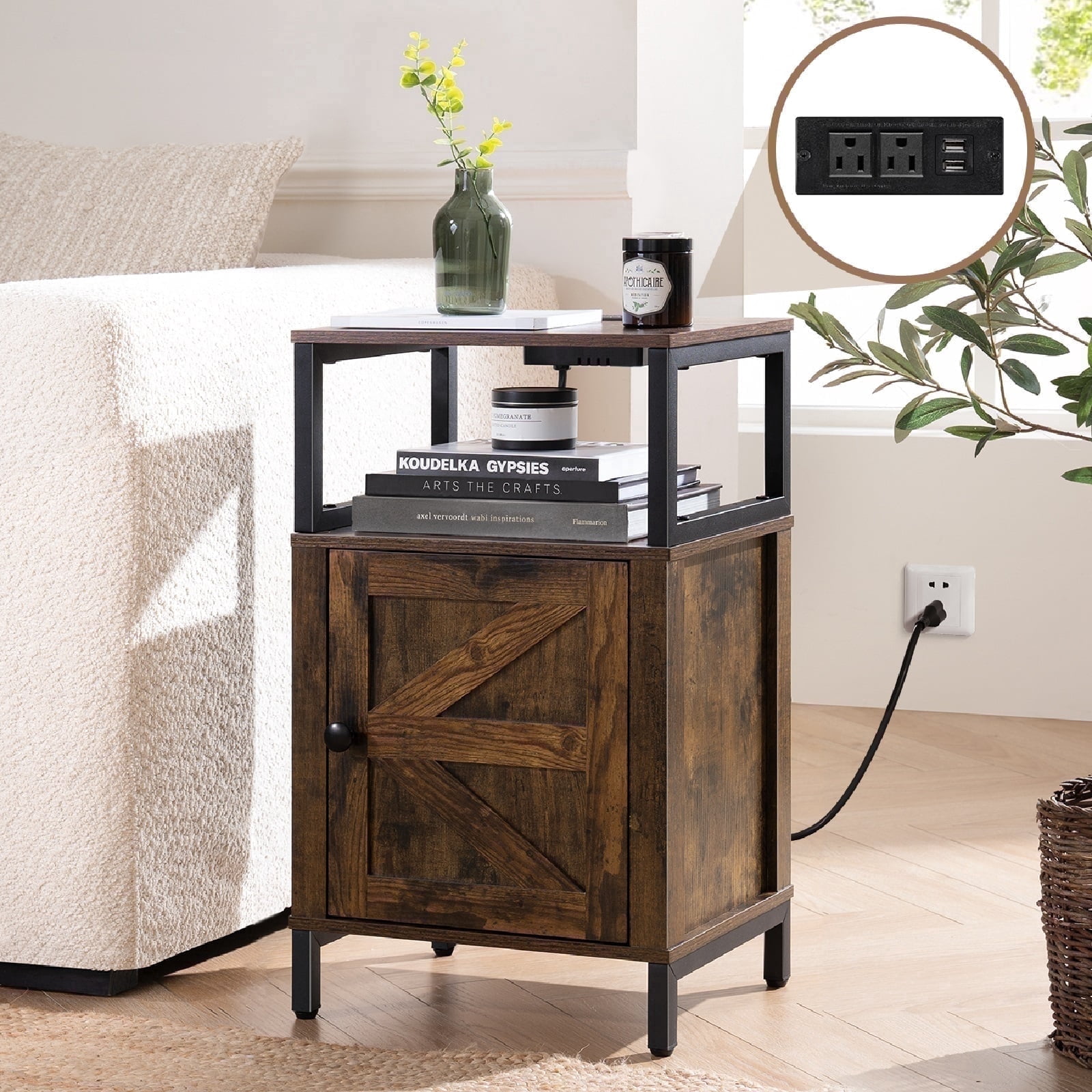 YUBO Co.ltd Farmhouse Wood NightStand with Charging Station & Adjustable LED,End Table with Storage Cabinet and Shelf, Bed Side Table with Barn Door for Bedroom Living Room, Brown