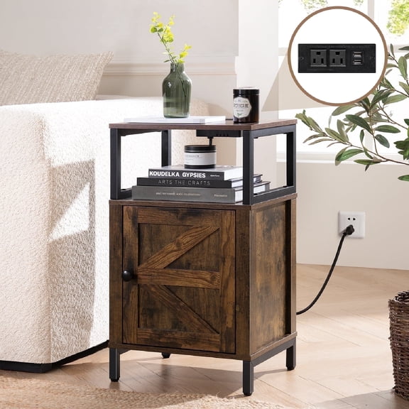 Farmhouse Wood NightStand with Charging Station & Adjustable LED,End Table with Storage Cabinet and Shelf, Bed Side Table with Barn Door for Bedroom Living Room, Brown