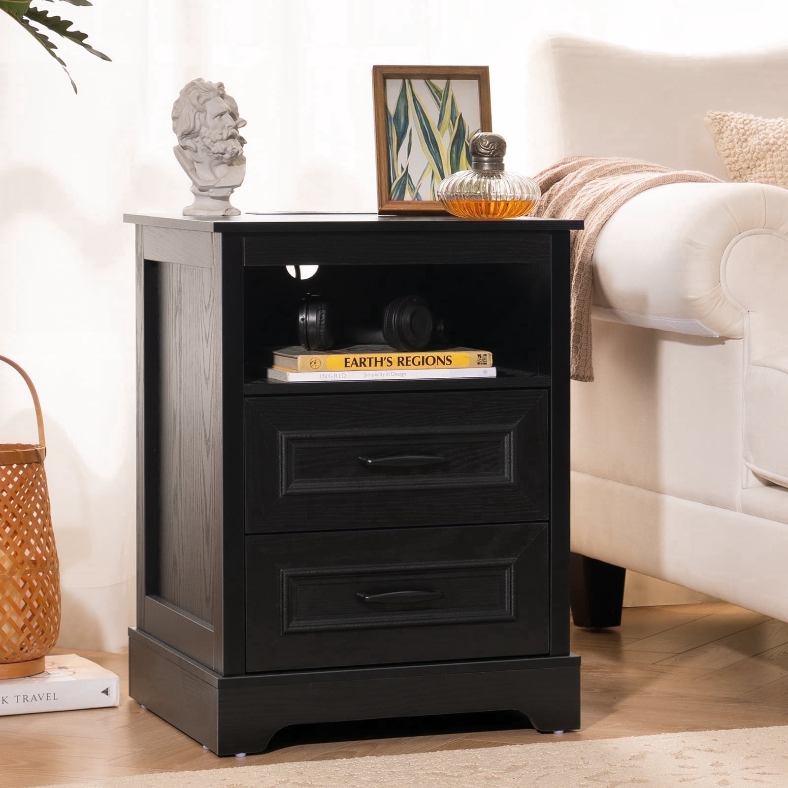 18" Farmhouse Night Stand with Charging Station, Bedside Tables with 2 Drawers & Storage Shelf, Side End Tables  for Bedroom Living Room, Black