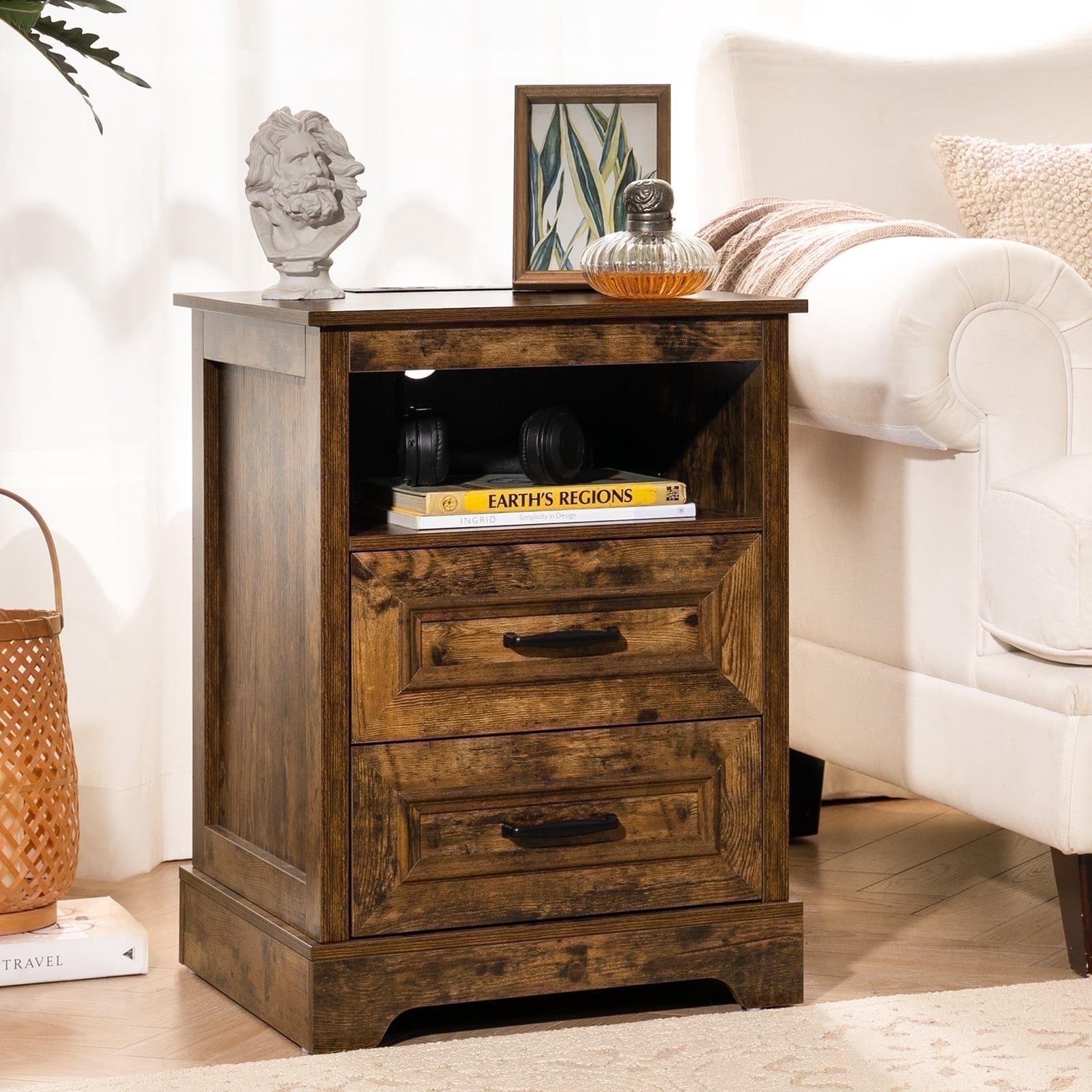 Farmhouse Side Table End Table with 2 Drawers, 18" Wood Nightstand with Charging Station & Storage Shelf, Night Stands for Bedroom Living Room,Brown