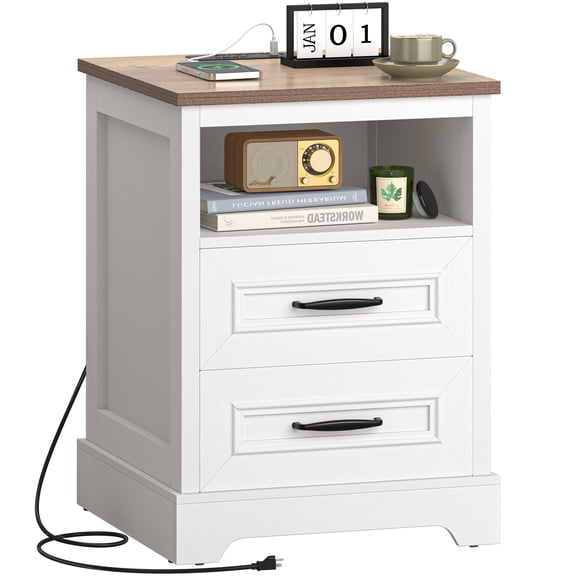 Farmhouse Nightstand with Charging Station and 2 drawers, Rustic Wood Bed Side Tables with Open Storage Shelf, Bedroom Living Room,White