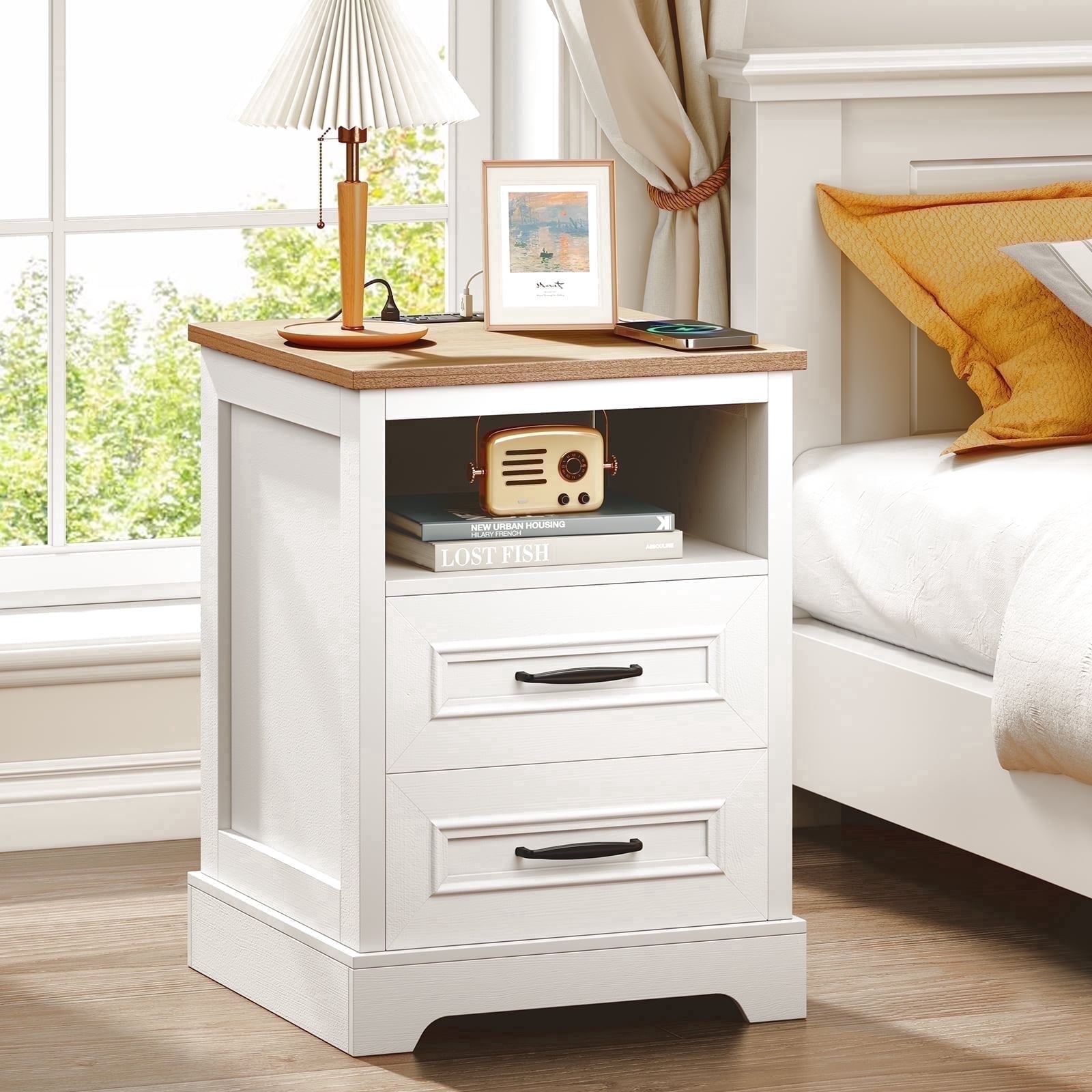 HIPPIY Co.ltd Farmhouse Nightstand with Charging Station and 2 drawers, Rustic Wood Bed Side Tables with Open Storage Shelf, Bedroom Living Room,White