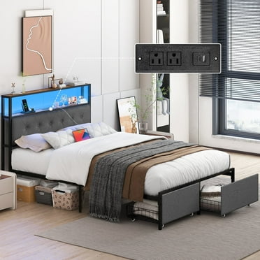 Yoobure Full Size LED Light Bed Frame with Storage Headboard and USB Ports,Bed Platform with Drawers, RGB Lights