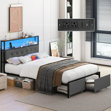 Yoobure Full Size LED Light Bed Frame with Storage Headboard and USB Ports,Bed Platform with Drawers, RGB Lights