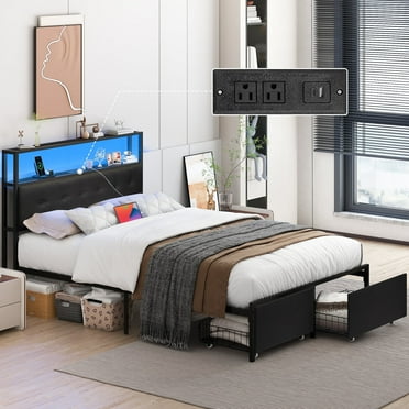 Yoobure Full Size Bed Frame with LED Storage Headboard Shelf, Bed Metal Platform with Charging Station, Black