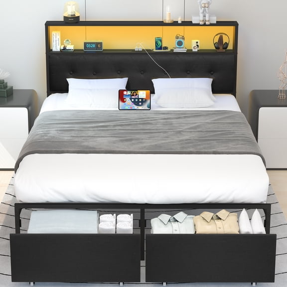 Full Size Bed Frame with LED Storage Headboard & Drawers, Bed Metal Platform with Charging Station, Black