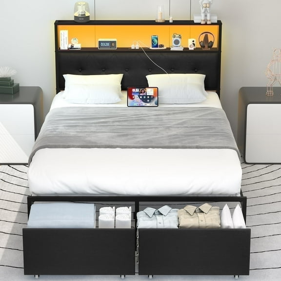 Full Size Bed Frame with LED Storage Headboard Shelf, Bed Metal Platform with Charging Station, Black