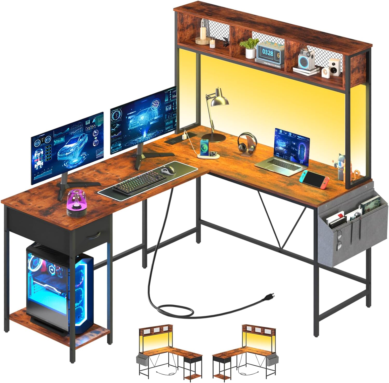 Yoobure L Shaped Desk with LED Strip & Power Outlet, Reversible L ...