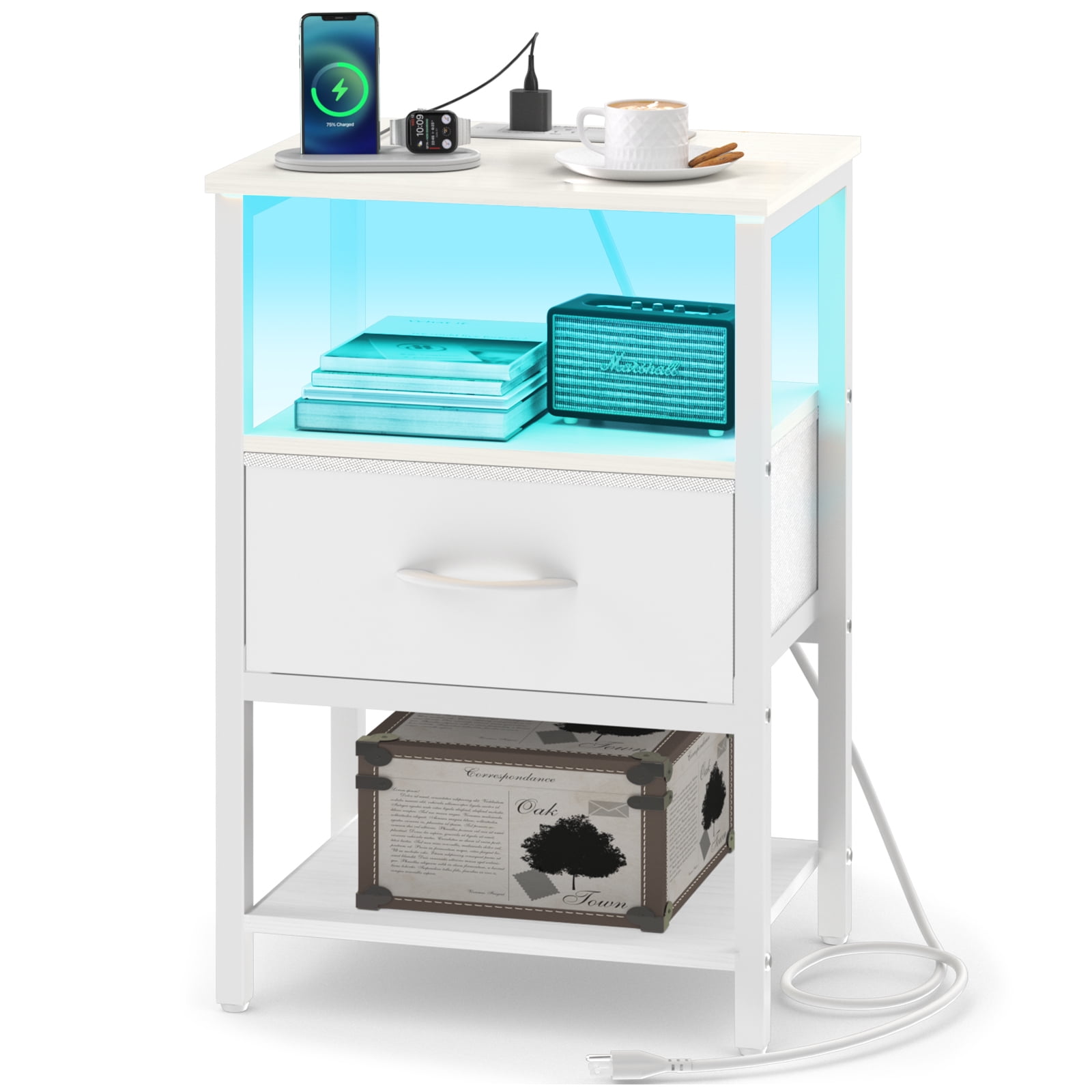 Yoobure LED Nightstand with Charging Station, End Tables with Adjustable Fabric Drawer for Bedroom Living Room,White