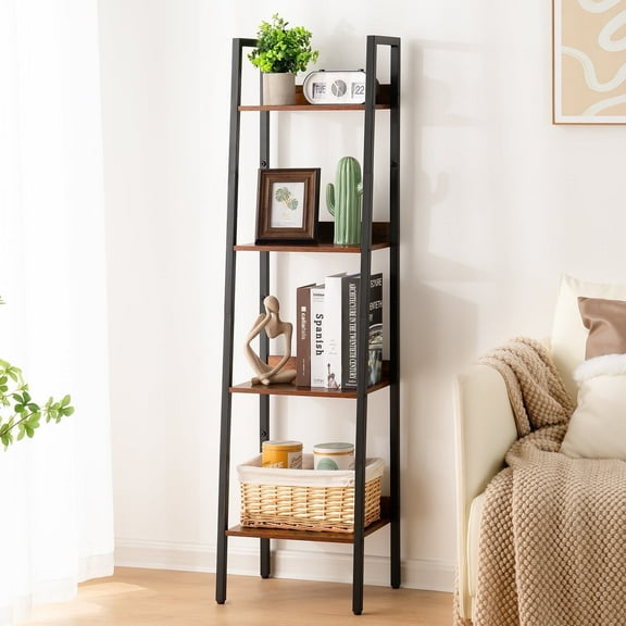 4-Tier Ladder Shelf, Corner Bookshelf for Living Room, Balcony, Home Office, Bookcase Storage & Display Shelf, Rustic Brown