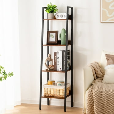 Yoobure Ladder Shelf, 4-Tier Corner Bookshelf for Living Room, Balcony, Home Office, Bookcase Storage & Display Shelf, Rustic Brown