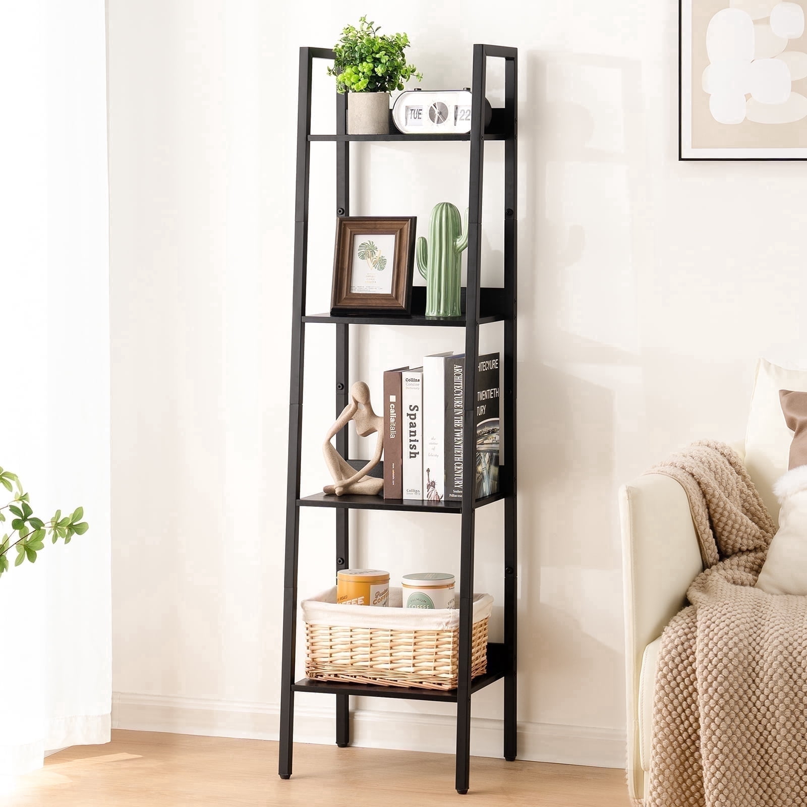 4-Tier Ladder Shelf,  Corner Bookshelf for Living Room, Balcony, Home Office, Bookcase Storage & Display Shelf, Black