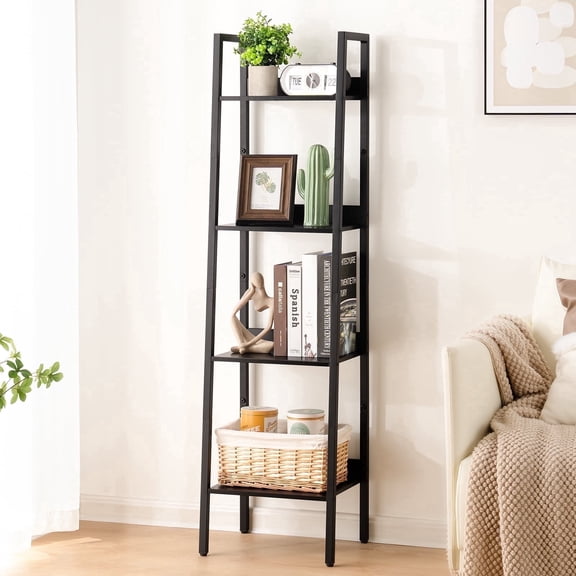 4-Tier Ladder Shelf, Corner Bookshelf for Living Room, Balcony, Home Office, Bookcase Storage & Display Shelf, Black