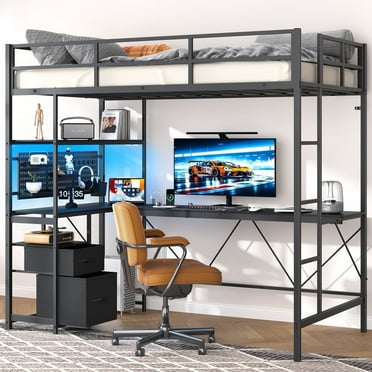Yoobure Loft Bed Twin Size with Desk, Metal Twin Loft Bed Frame with Charging Station & Safety Guard, LED Loft Beds with 2 Storage Drawers, Black