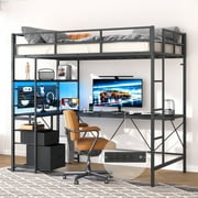 Loft Bed Twin Size with L-Shaped Desk & Pegboard & LED Lights, Metal Twin Loft Bed Frame with Charging Station, 2 Storage Drawers and Shelf, Black