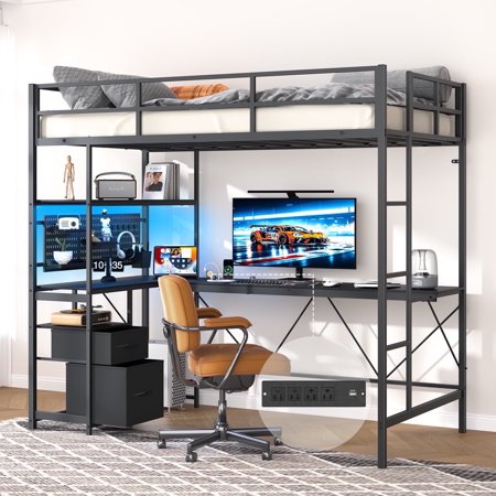 Loft Bed Twin Size with L-Shaped Desk & Pegboard & LED Lights, Metal Twin Loft Bed Frame with Charging Station, 2 Storage Drawers and Shelf, Black