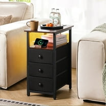 End Table with Charging Station,LED Narrow Side Table Bedside Table,Small Night Stand End Tables Living Room,Skinny Nightstand with 3 Fabric Drawers,Side Tables Bedroom for Small Spaces,Brown