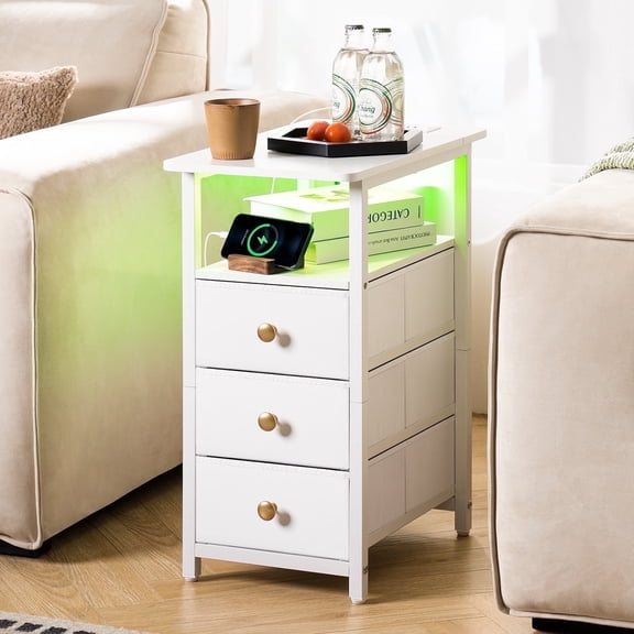 End Table with Charging Station, LED Narrow Nightstand with Fabric Drawers, Small Bedside Table for Living Room, Bedroom, Small Spaces, White