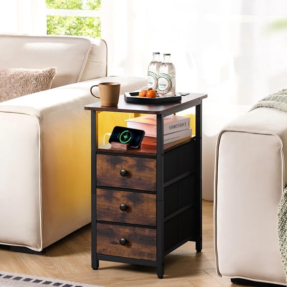 End Table with Charging Station,LED Narrow Side Table Bedside Table,Small Night Stand End Tables Living Room,Skinny Nightstand with 3 Fabric Drawers,Side Tables Bedroom for Small Spaces,Brown