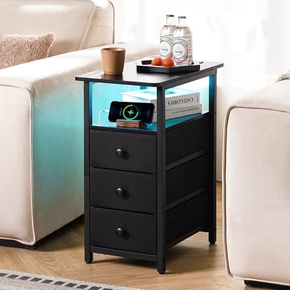 Nightstand with Charging Station, Narrow End Table Side Table with 3 Fabric Drawers and Storage Shelf, Small LED Bedside Table for Living Room Bedroom, Black