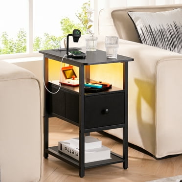 Yoobure End Table with Charging Station, Side Table with Fabric Drawer,Sofa Table Small Nightstand for Living Room Bedroom, Black